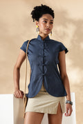 Blue Stretch khadi Mandarin style top