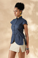 Blue Stretch khadi Mandarin style top