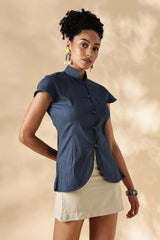 Blue Stretch khadi Mandarin style top