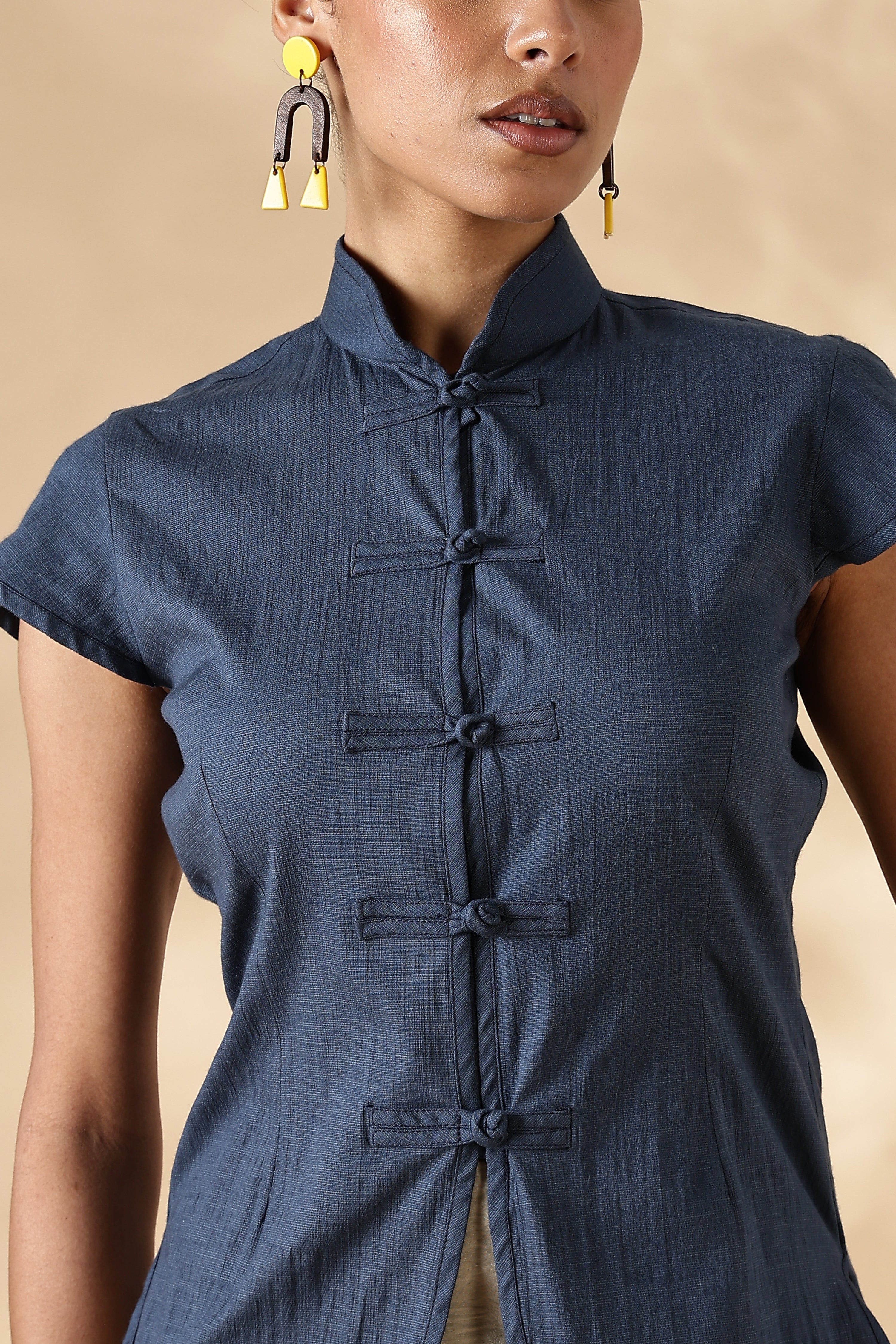 Blue Stretch khadi Mandarin style top