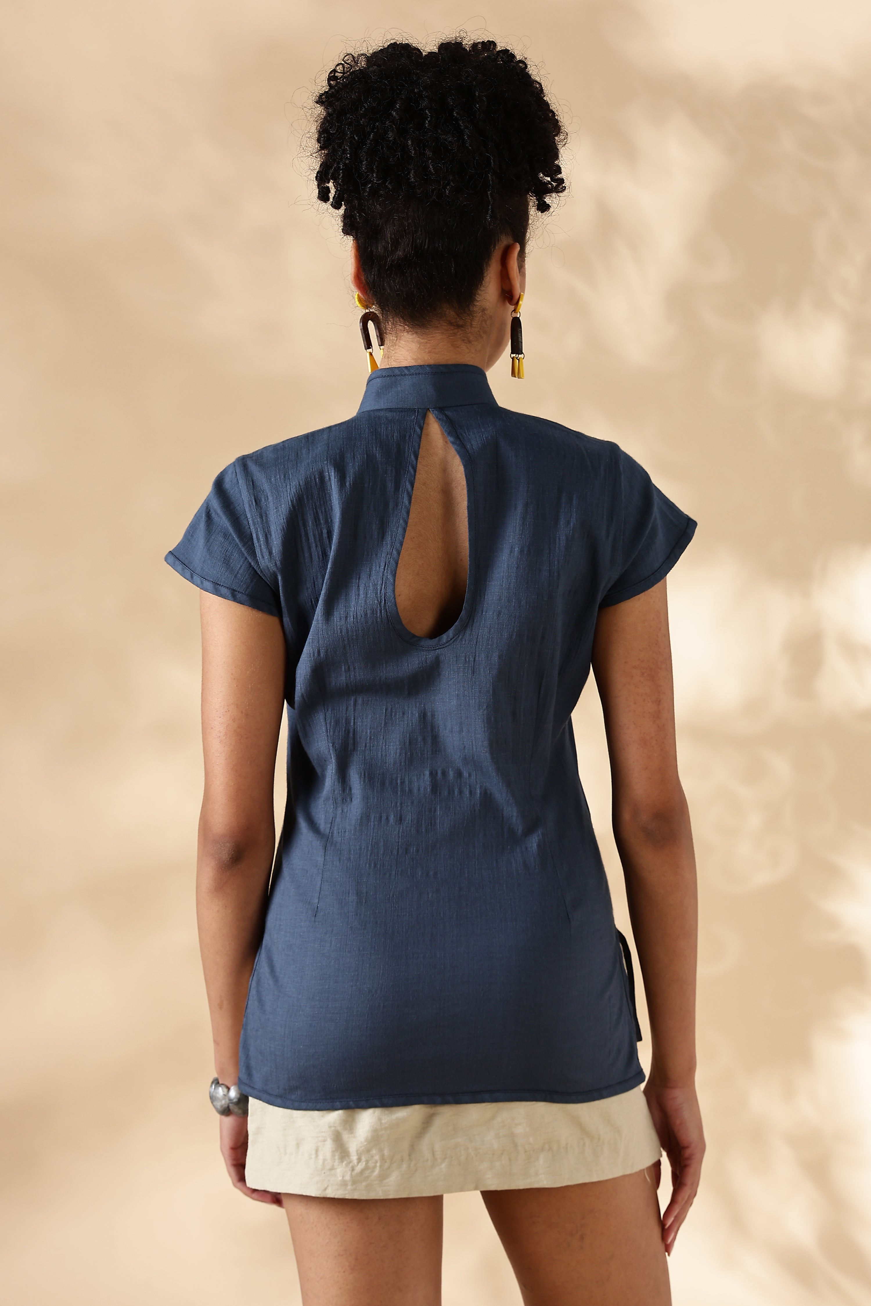 Blue Stretch khadi Mandarin style top