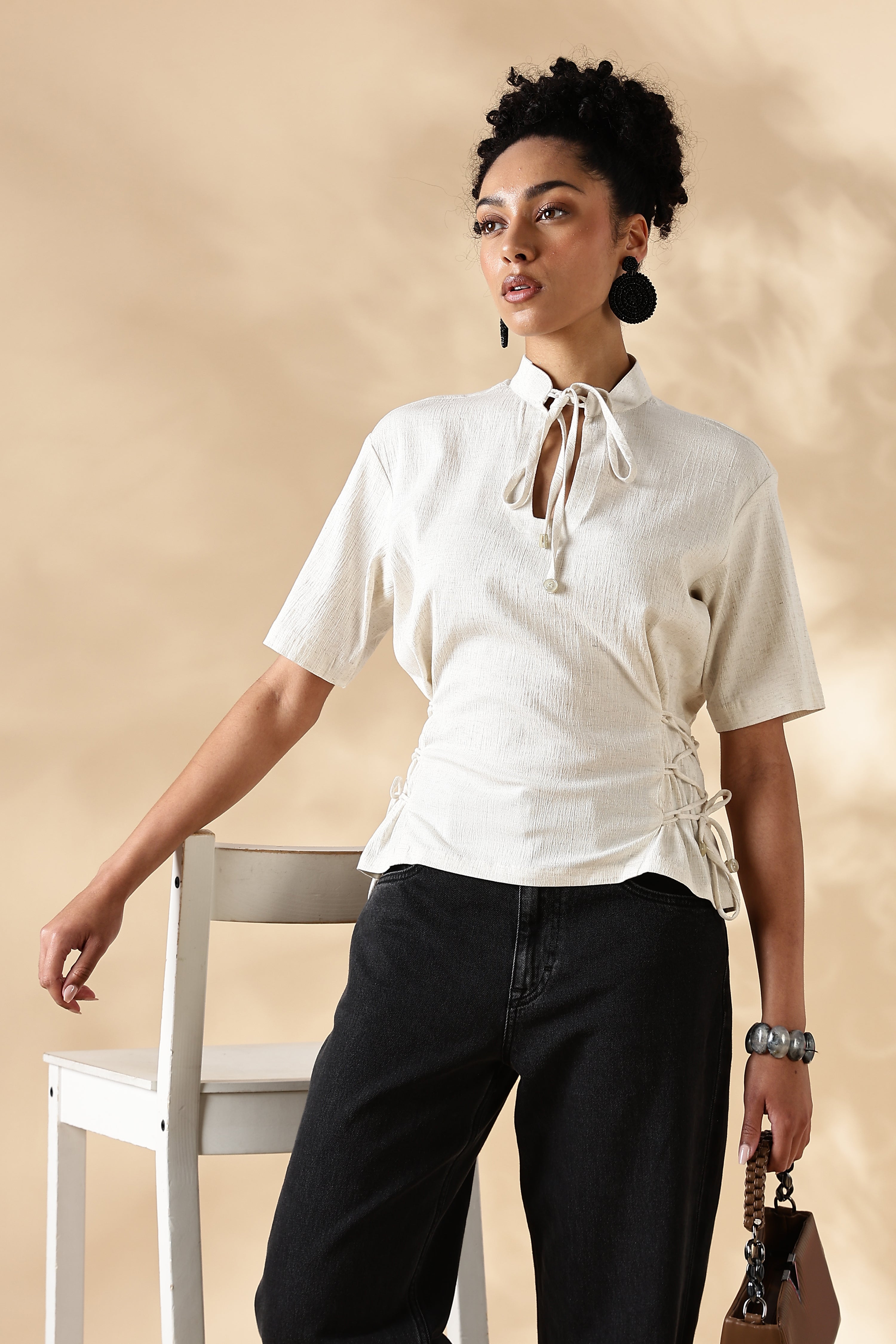 Cream Stretch khadi style fit adjustable top