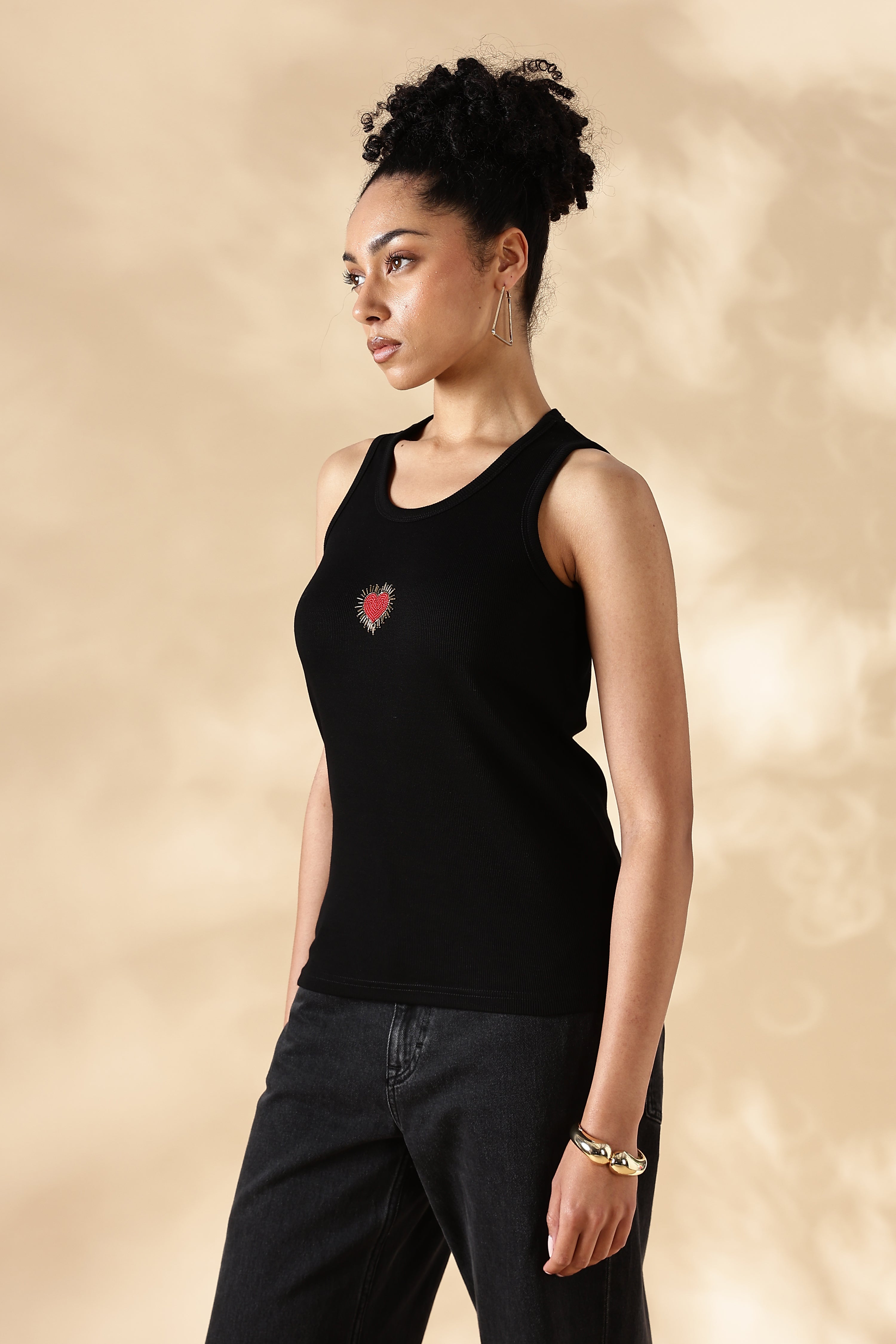 Black heart Hand embroidered Cotton Tank Top