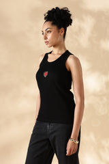 Black heart Hand embroidered Cotton Tank Top