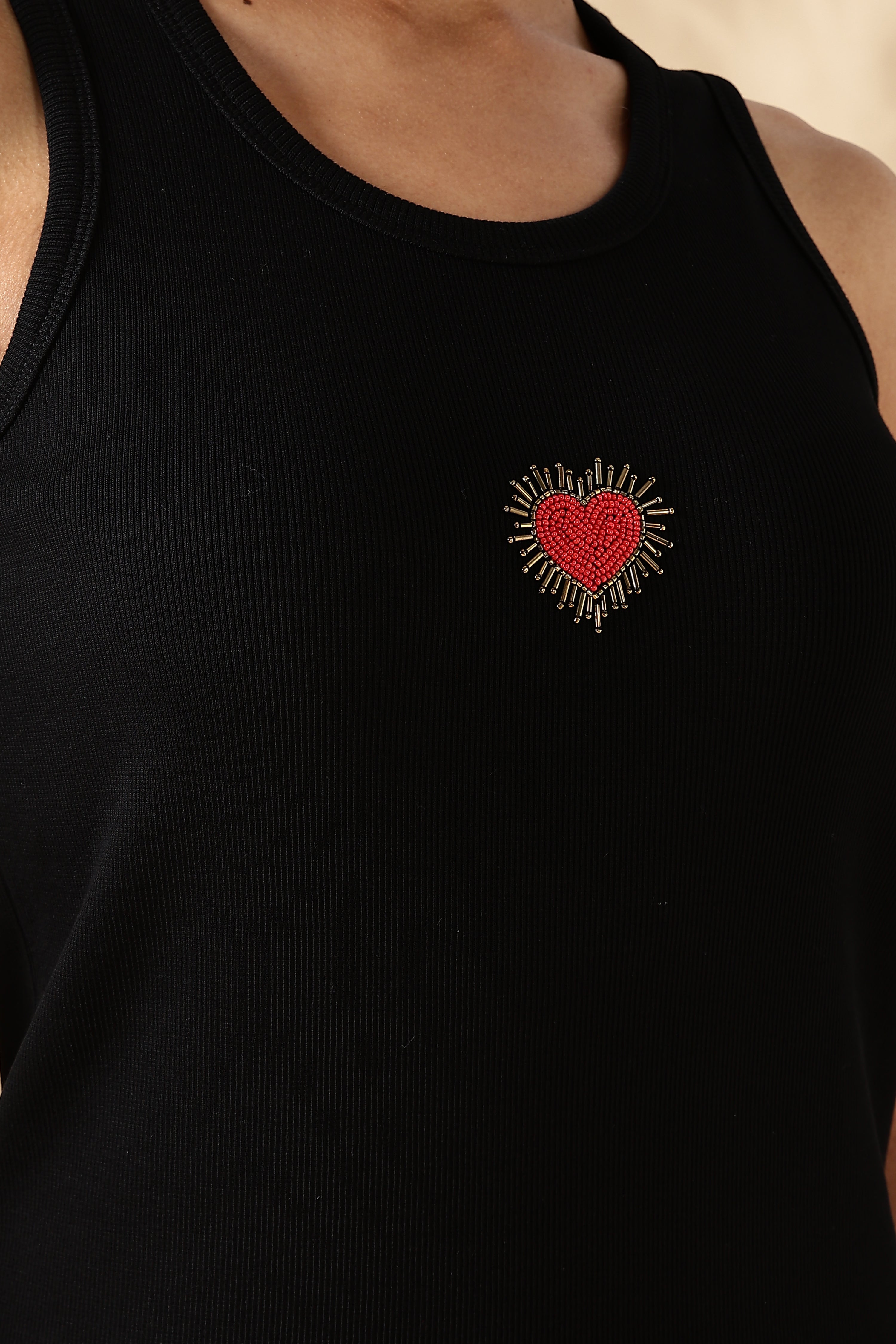 Black heart Hand embroidered Cotton Tank Top