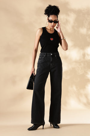 Black heart Hand embroidered Cotton Tank Top