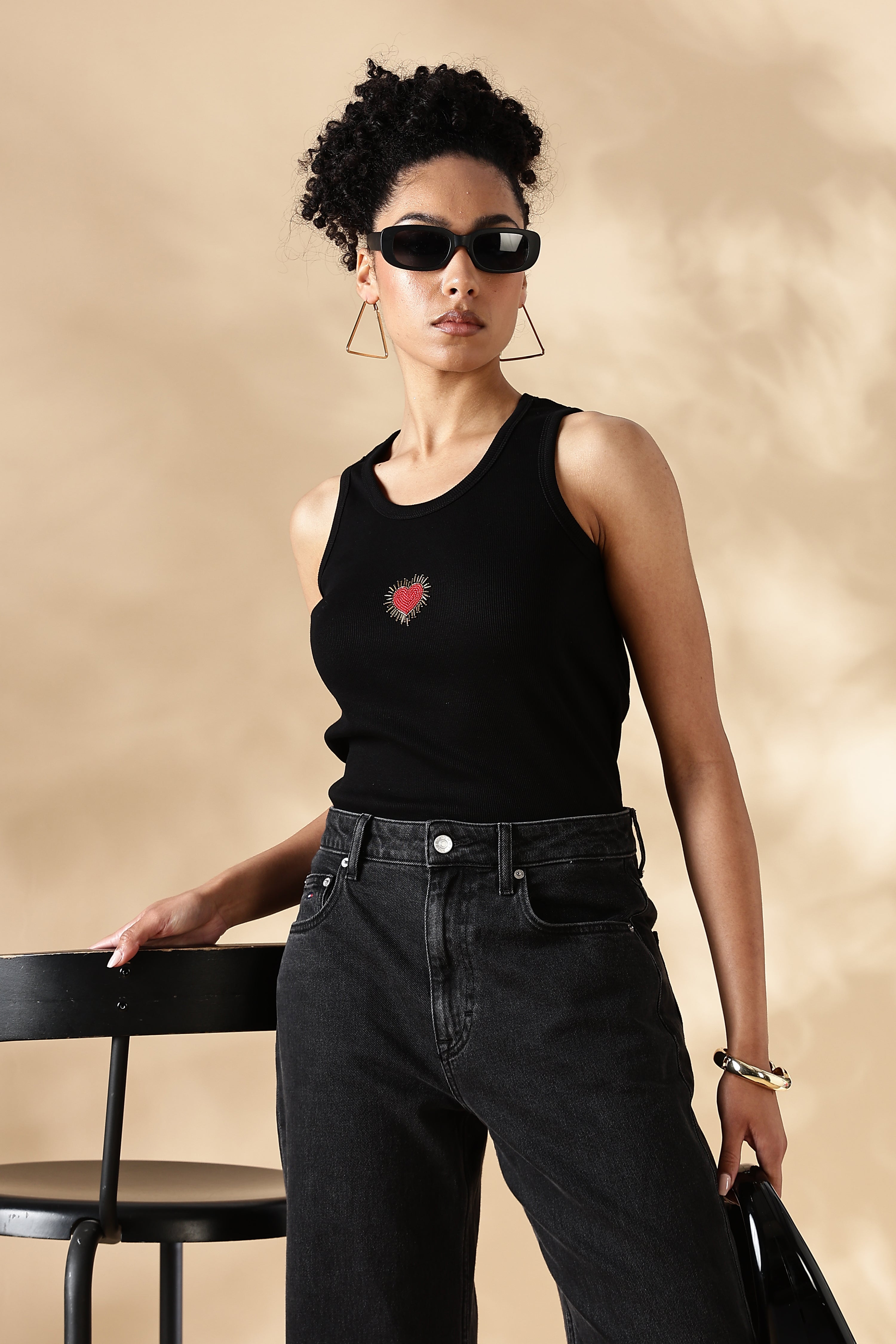 Black heart Hand embroidered Cotton Tank Top