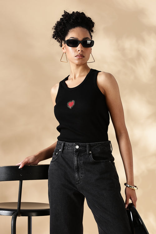 Black heart Hand embroidered Cotton Tank Top