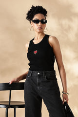 Black heart Hand embroidered Cotton Tank Top