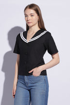 Noir Sailor Collar Contrast Trim Top