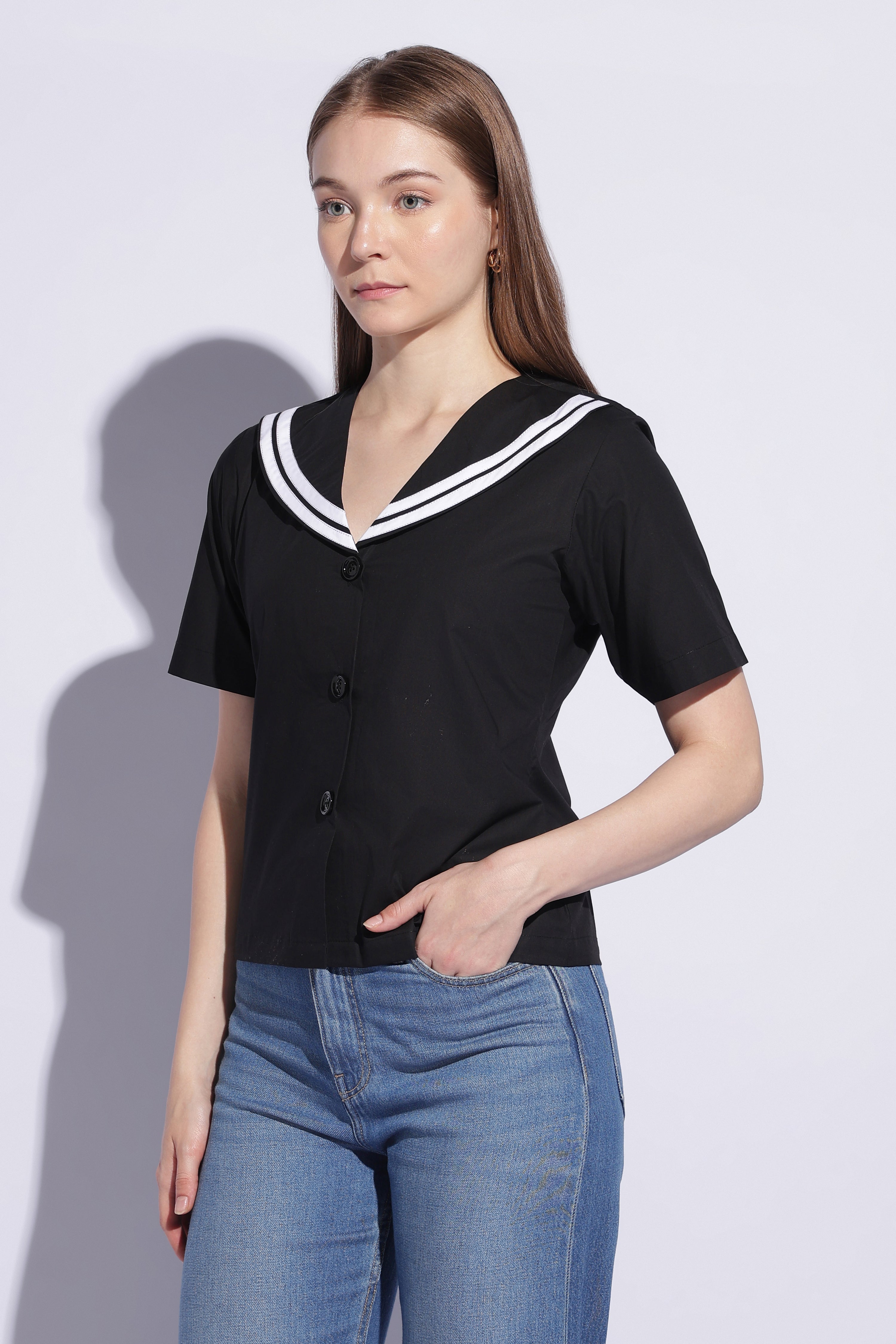 Noir Sailor Collar Contrast Trim Top