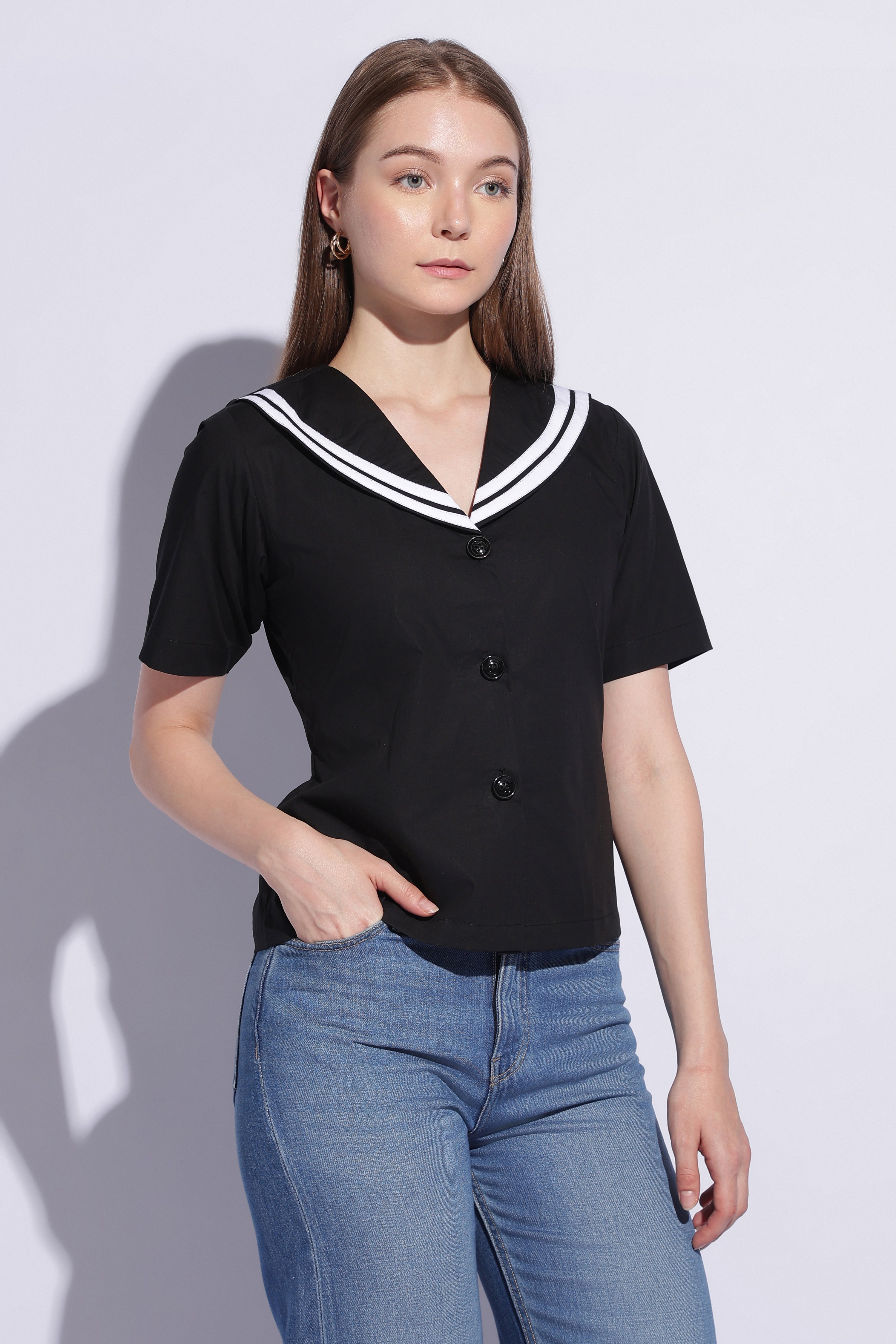 Noir Sailor Collar Contrast Trim Top