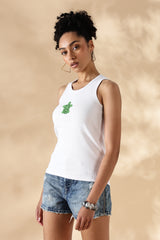 White Turtle Hand embroidered Cotton Tank Top