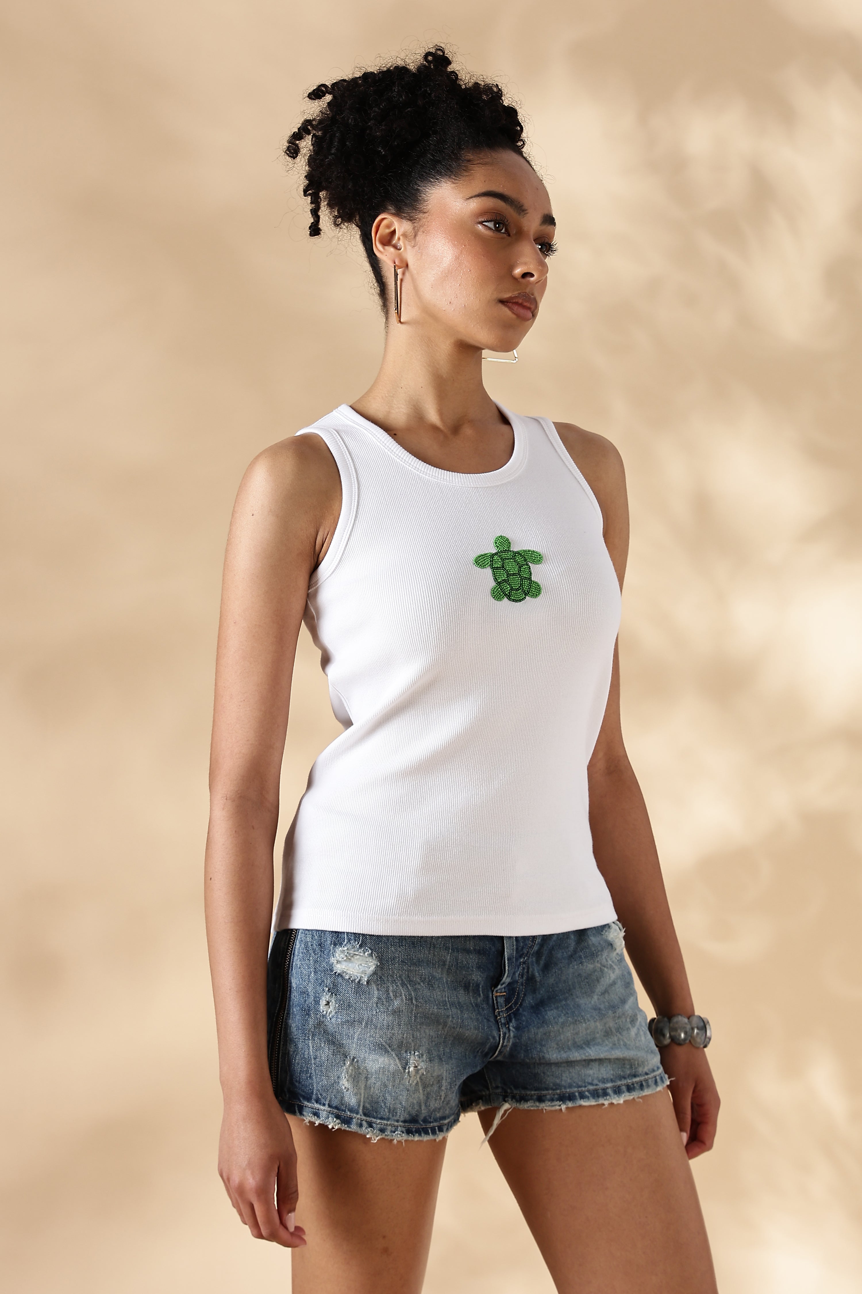 White Turtle Hand embroidered Cotton Tank Top