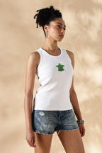 White Turtle Hand embroidered Cotton Tank Top