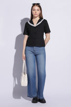 Noir Sailor Collar Contrast Trim Top