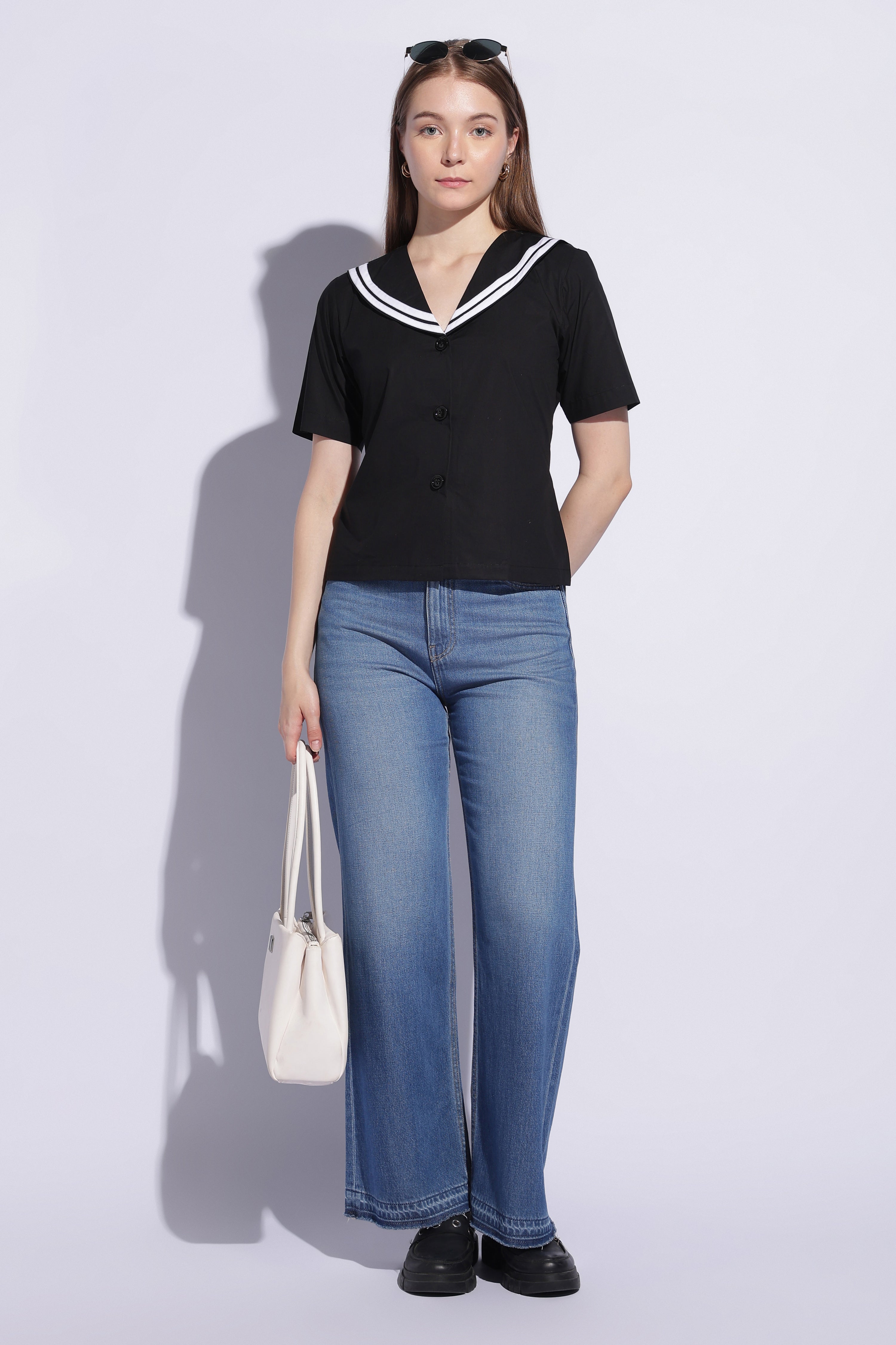 Noir Sailor Collar Contrast Trim Top