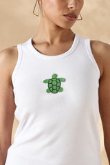 White Turtle Hand embroidered Cotton Tank Top