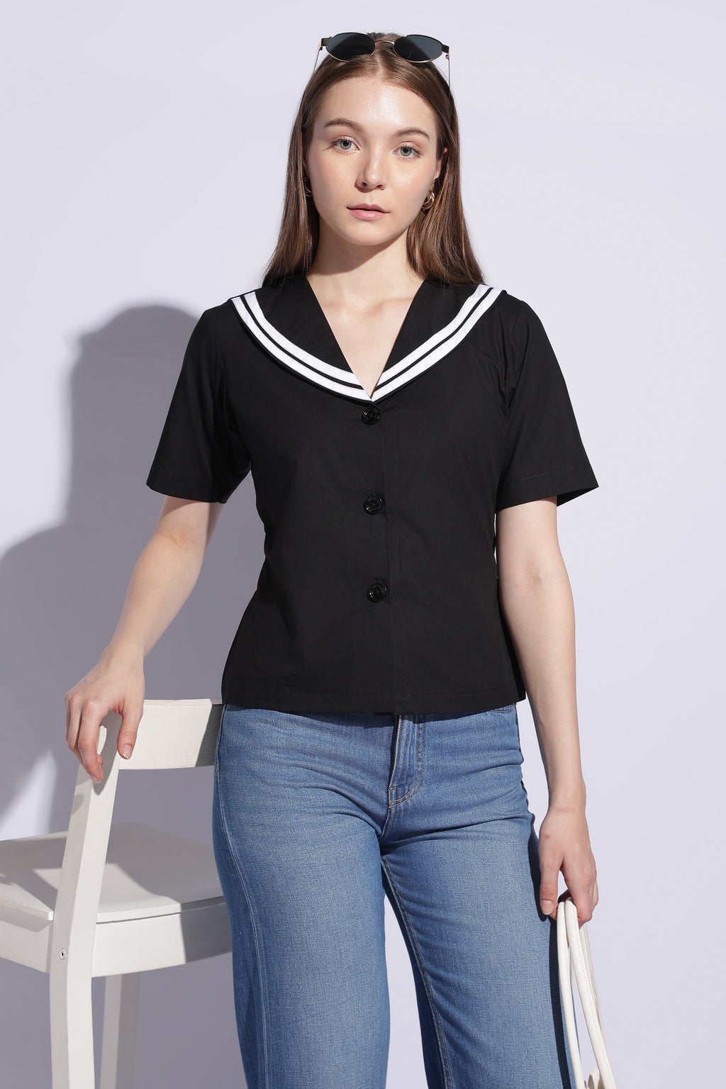 Noir Sailor Collar Contrast Trim Top