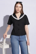 Noir Sailor Collar Contrast Trim Top