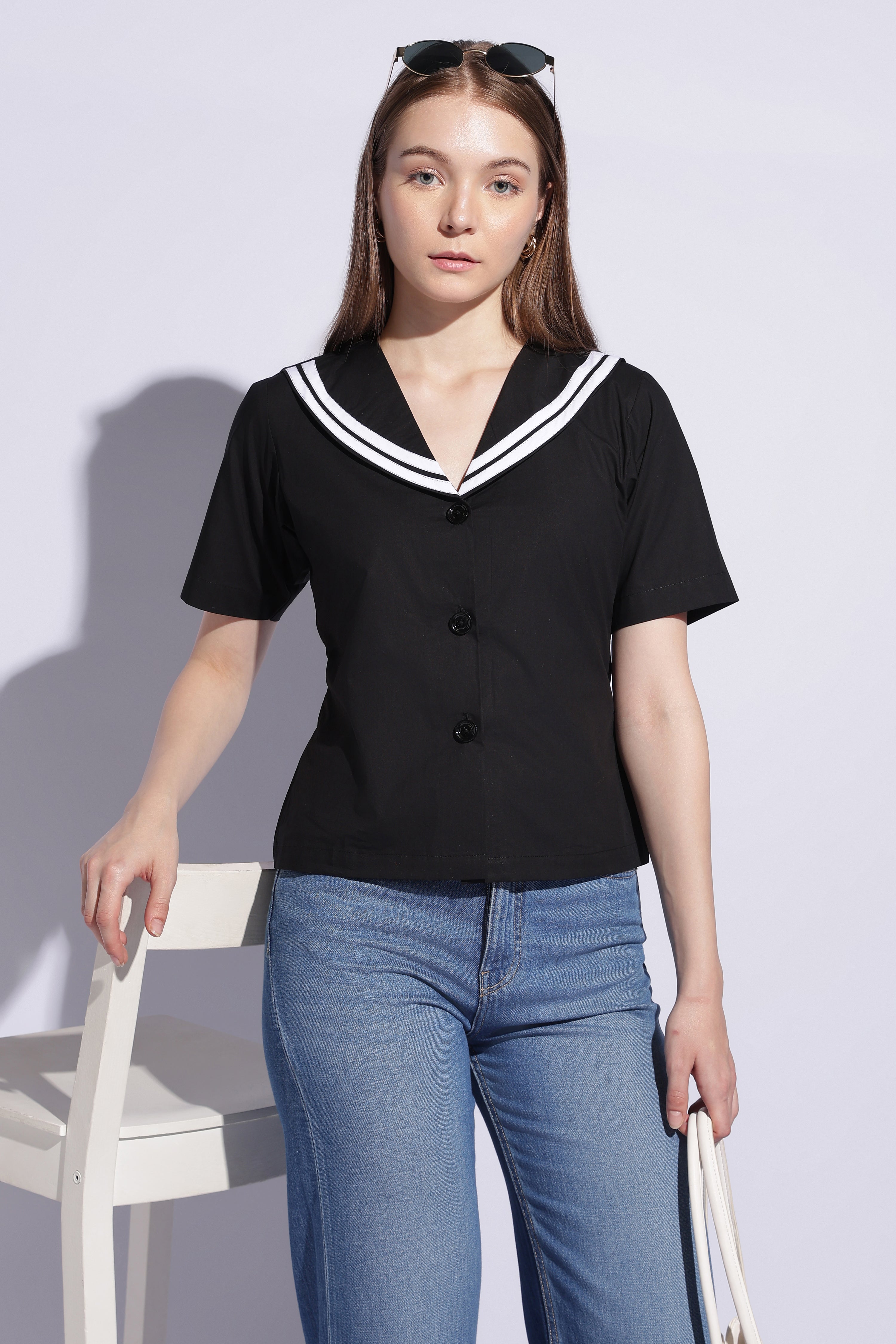 Noir Sailor Collar Contrast Trim Top
