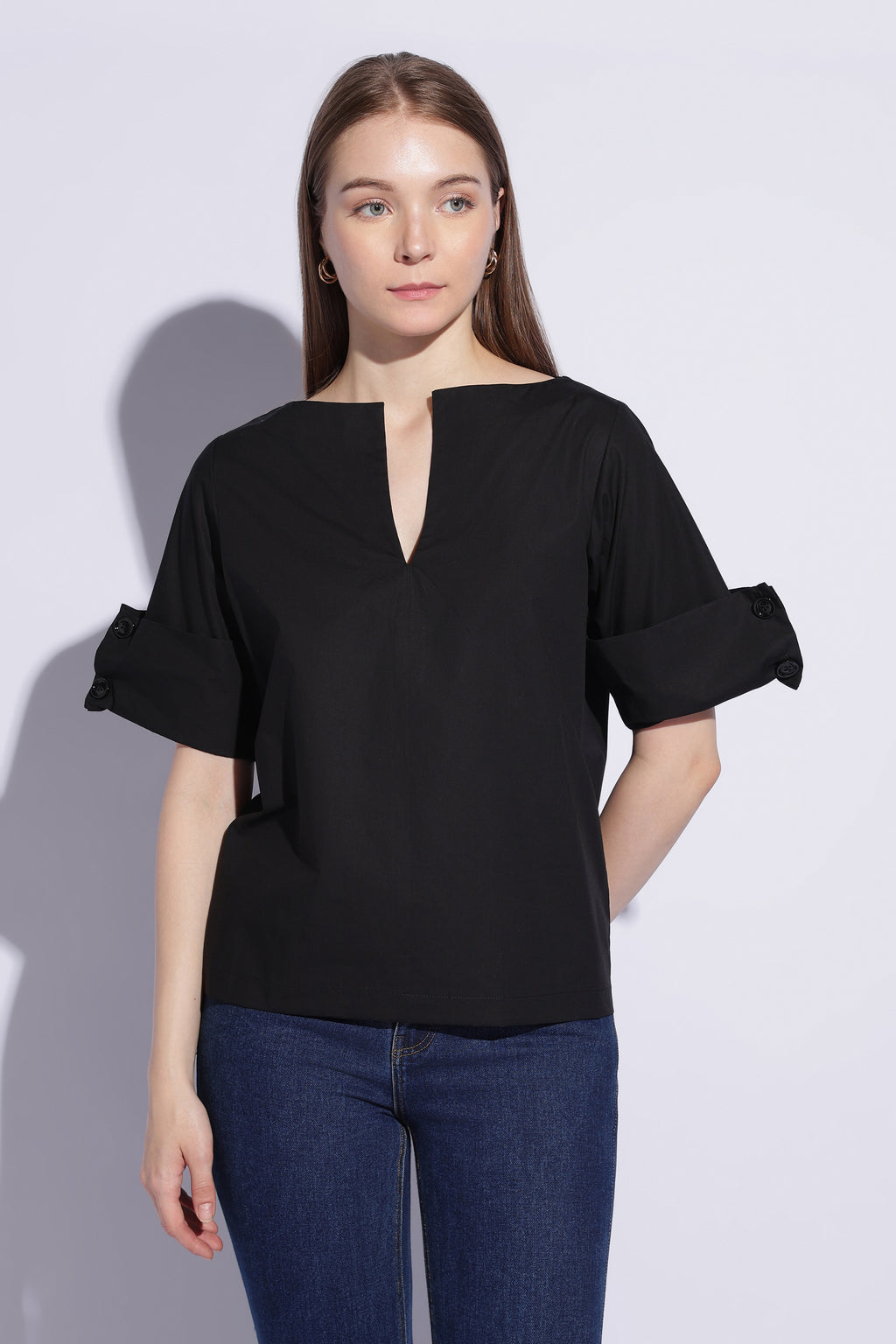Noir Roll Sleeve Popover Top