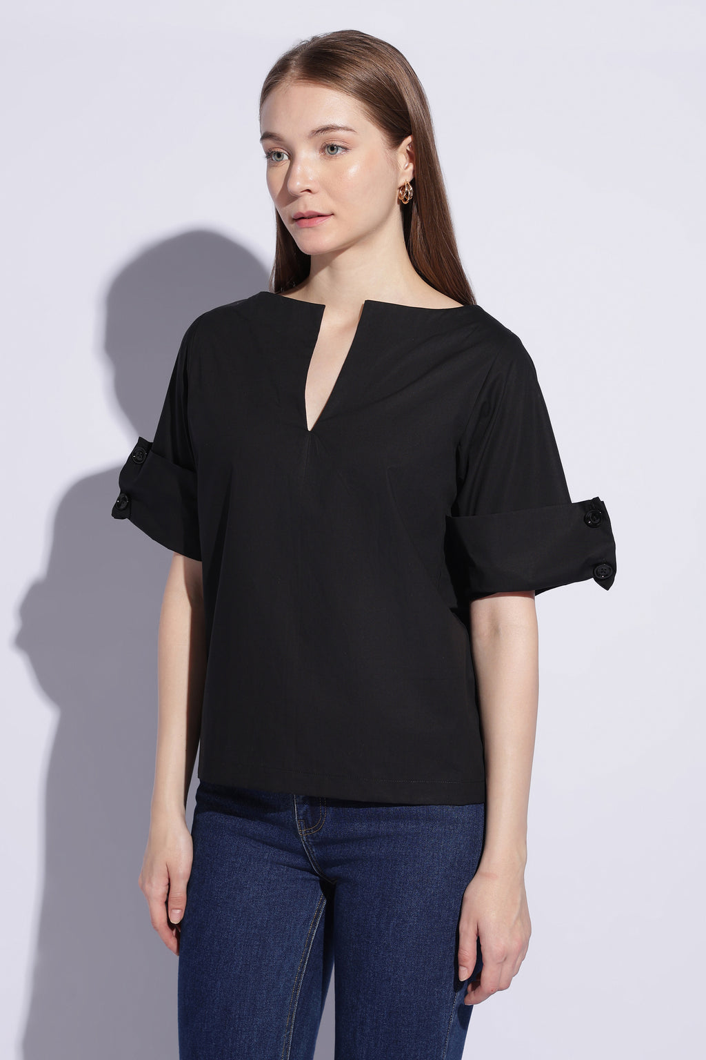 Noir Roll Sleeve Popover Top