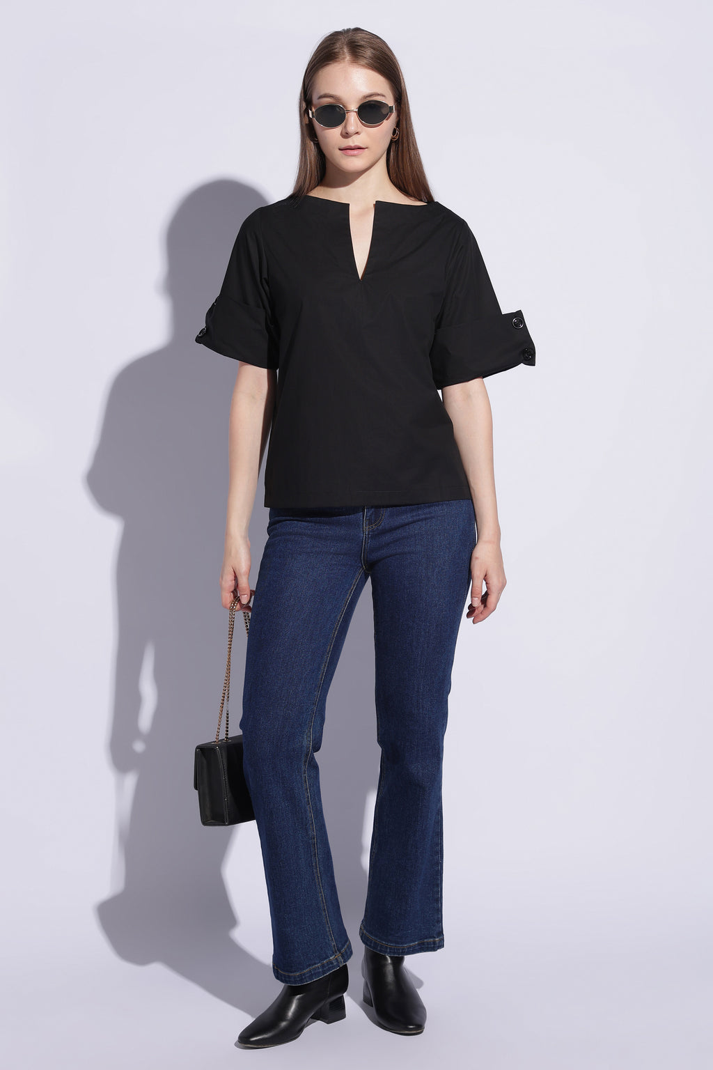 Noir Roll Sleeve Popover Top