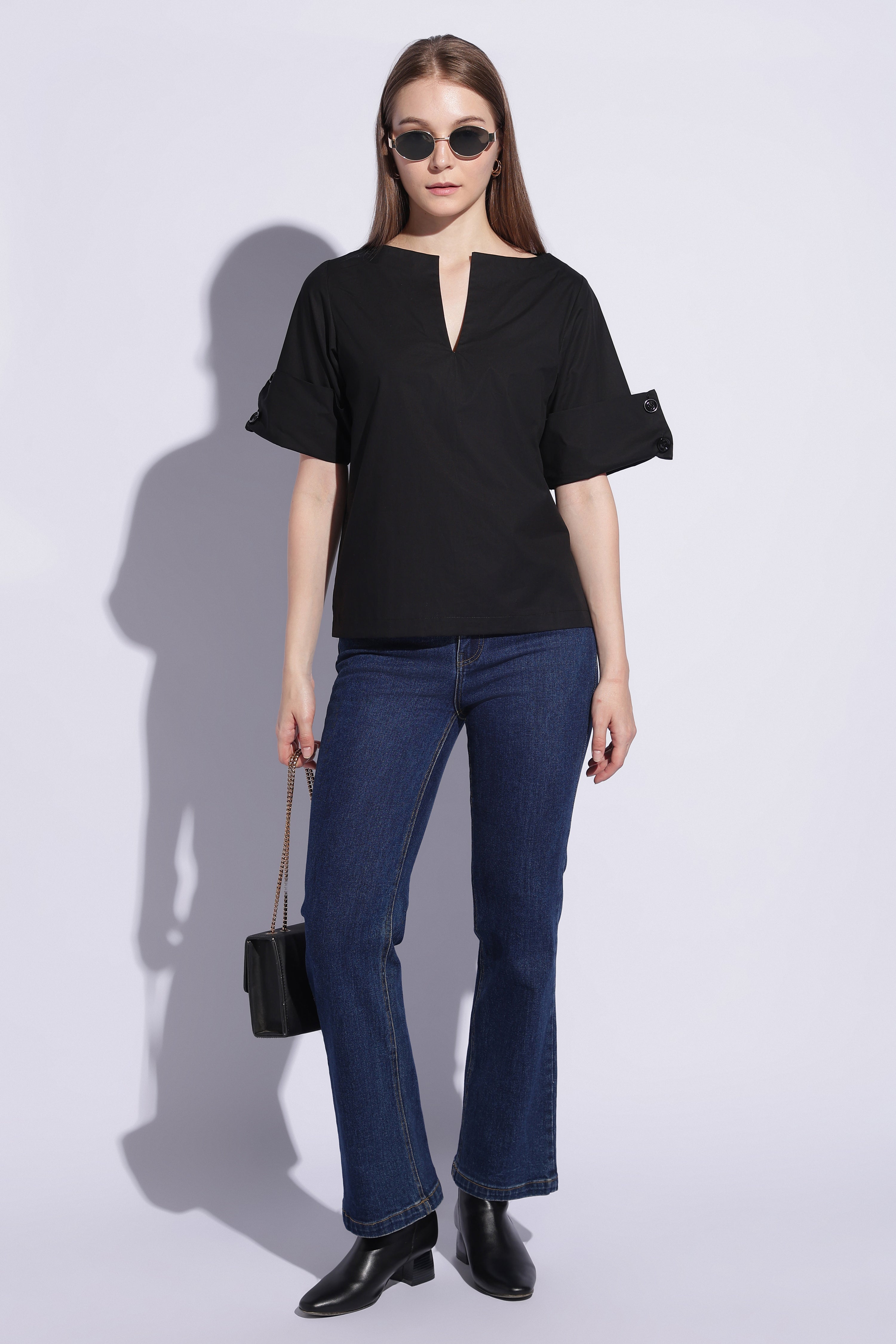 Noir Roll Sleeve Popover Top