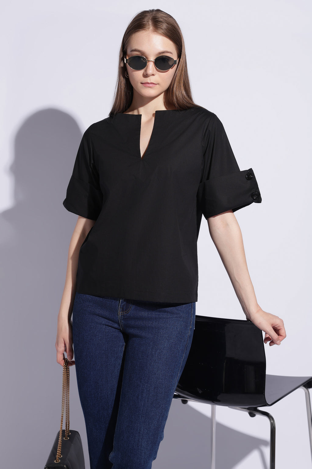 Noir Roll Sleeve Popover Top
