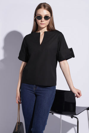 Noir Roll Sleeve Popover Top