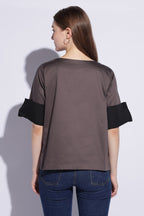 Gunmetal Contrast Cuff Cotton Sateen Top