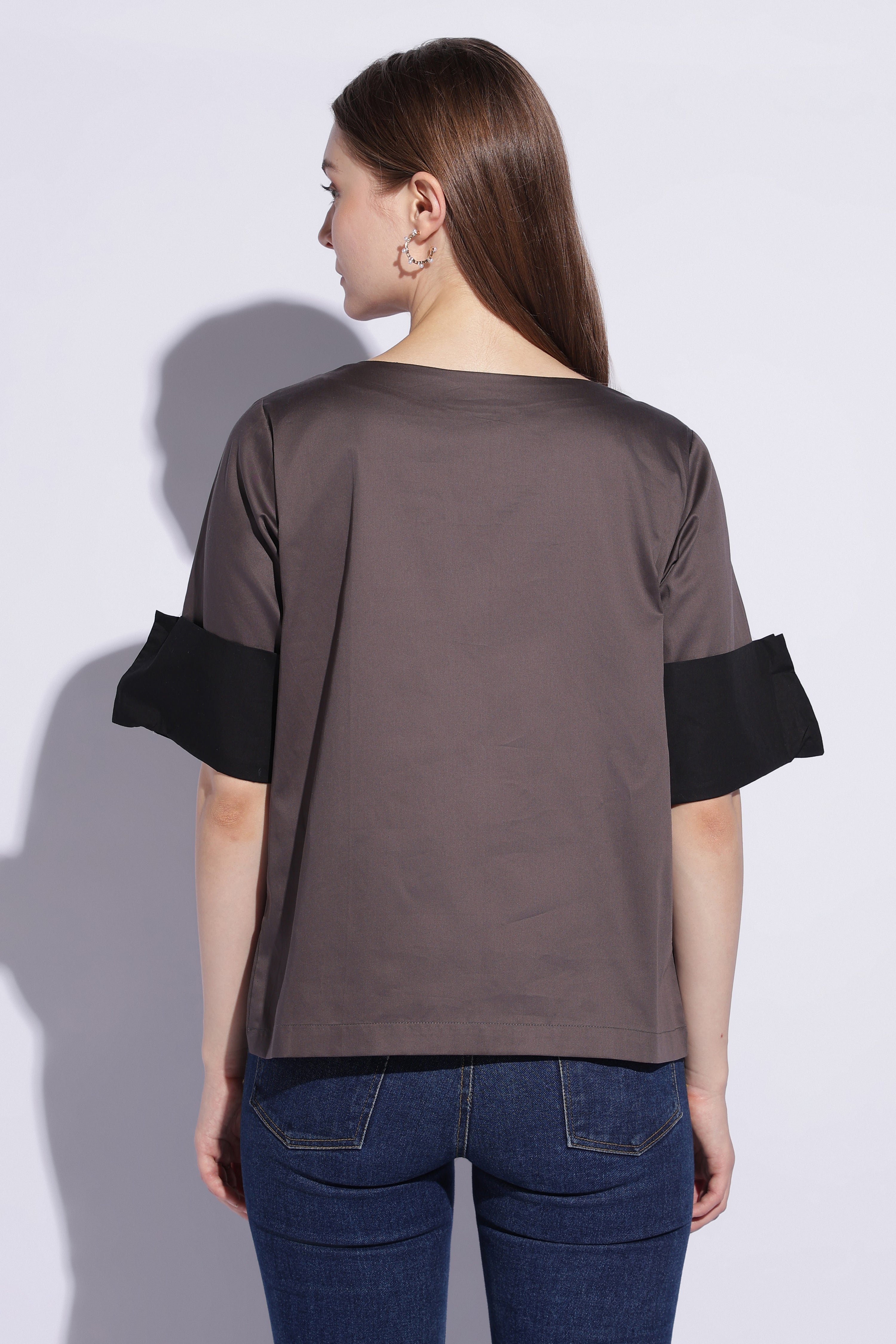 Gunmetal Contrast Cuff Cotton Sateen Top