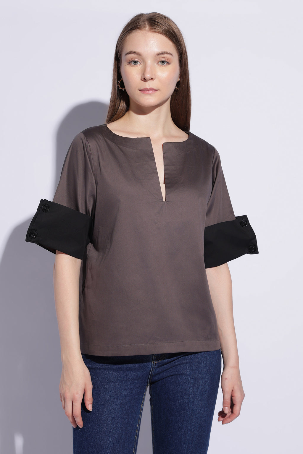 Gunmetal Contrast Cuff Cotton Sateen Top