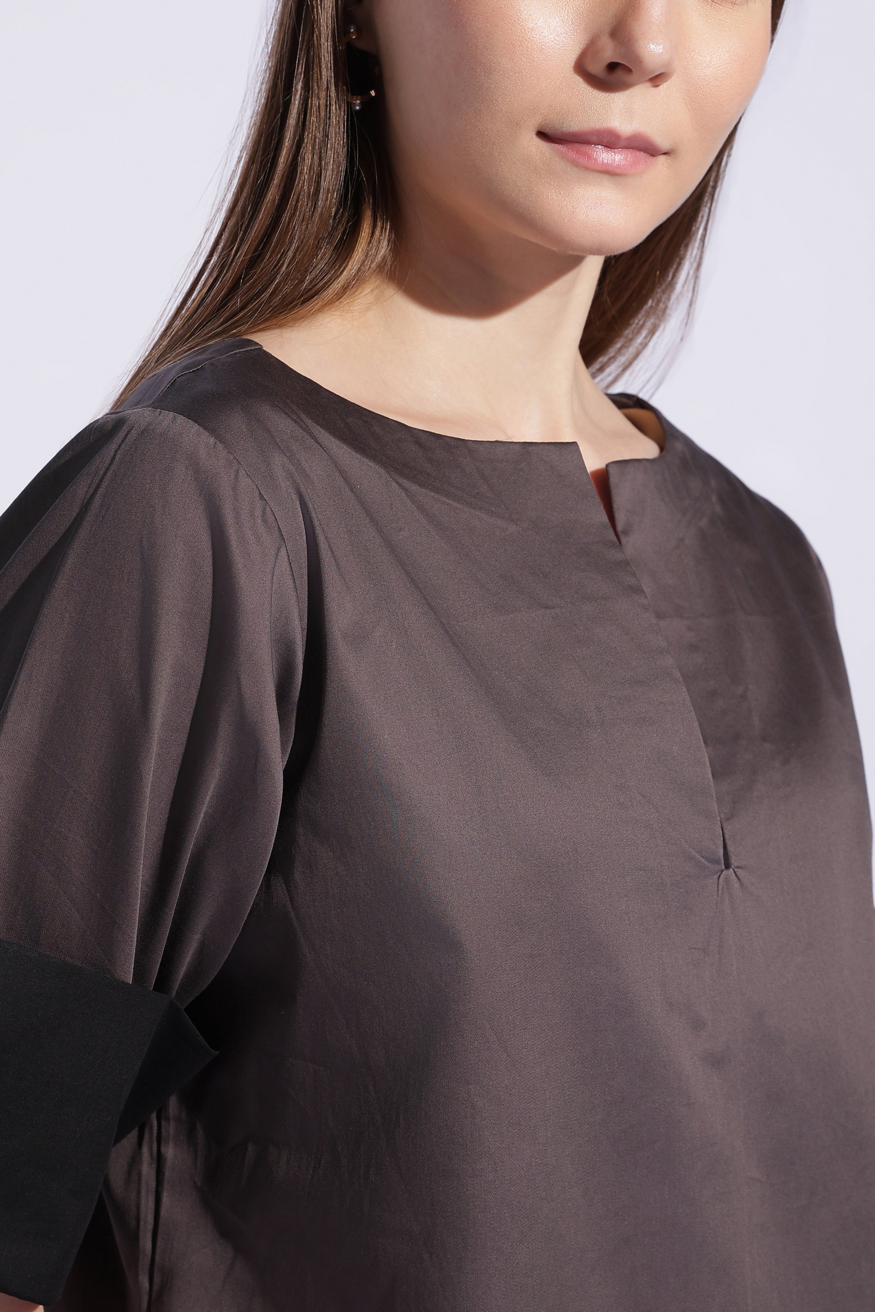 Gunmetal Contrast Cuff Cotton Sateen Top