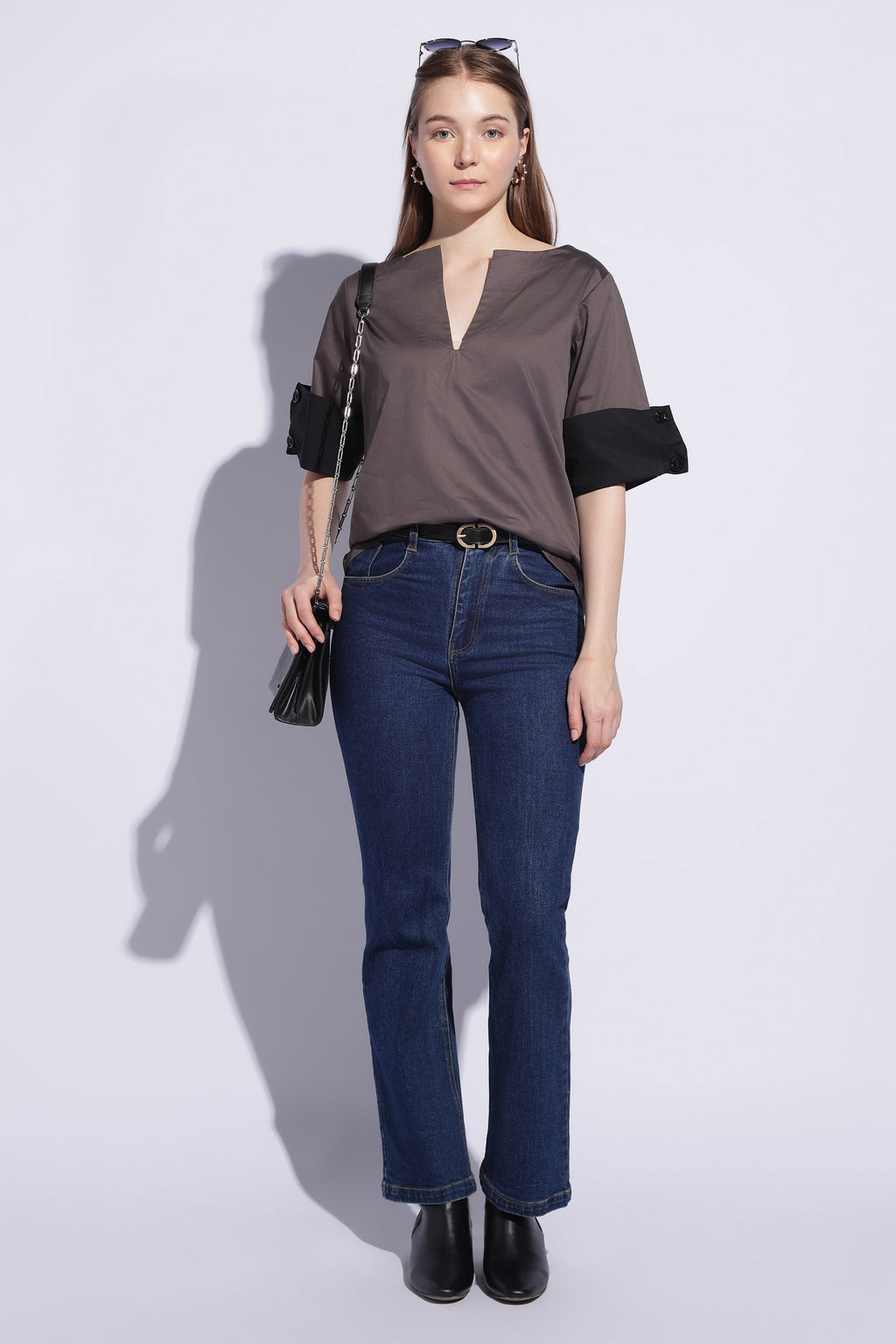 Gunmetal Contrast Cuff Cotton Sateen Top