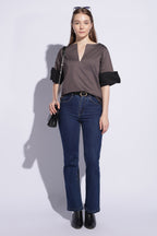 Gunmetal Contrast Cuff Cotton Sateen Top
