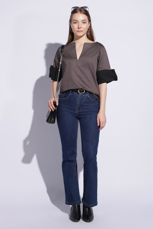 Gunmetal Contrast Cuff Cotton Sateen Top