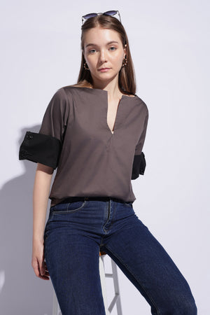 Gunmetal Contrast Cuff Cotton Sateen Top