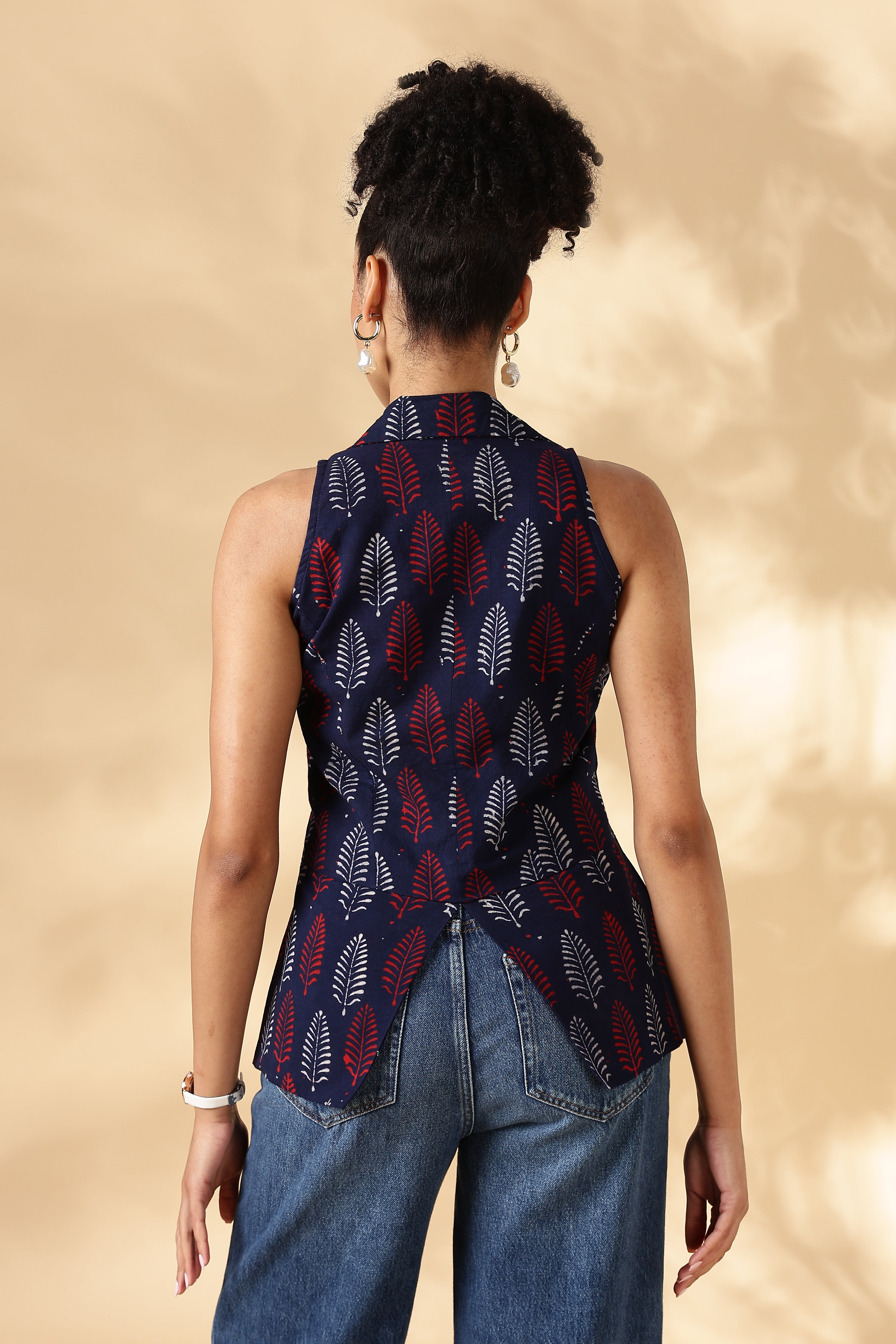Blue and Red Block print Cotton Collared Waist Coat