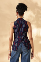 Blue and Red Block print Cotton Collared Waist Coat