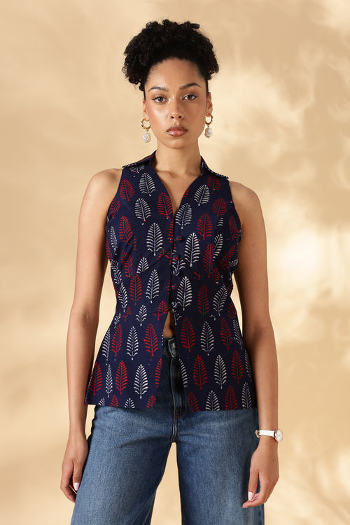 Blue and Red Block print Cotton Collared Waist Coat