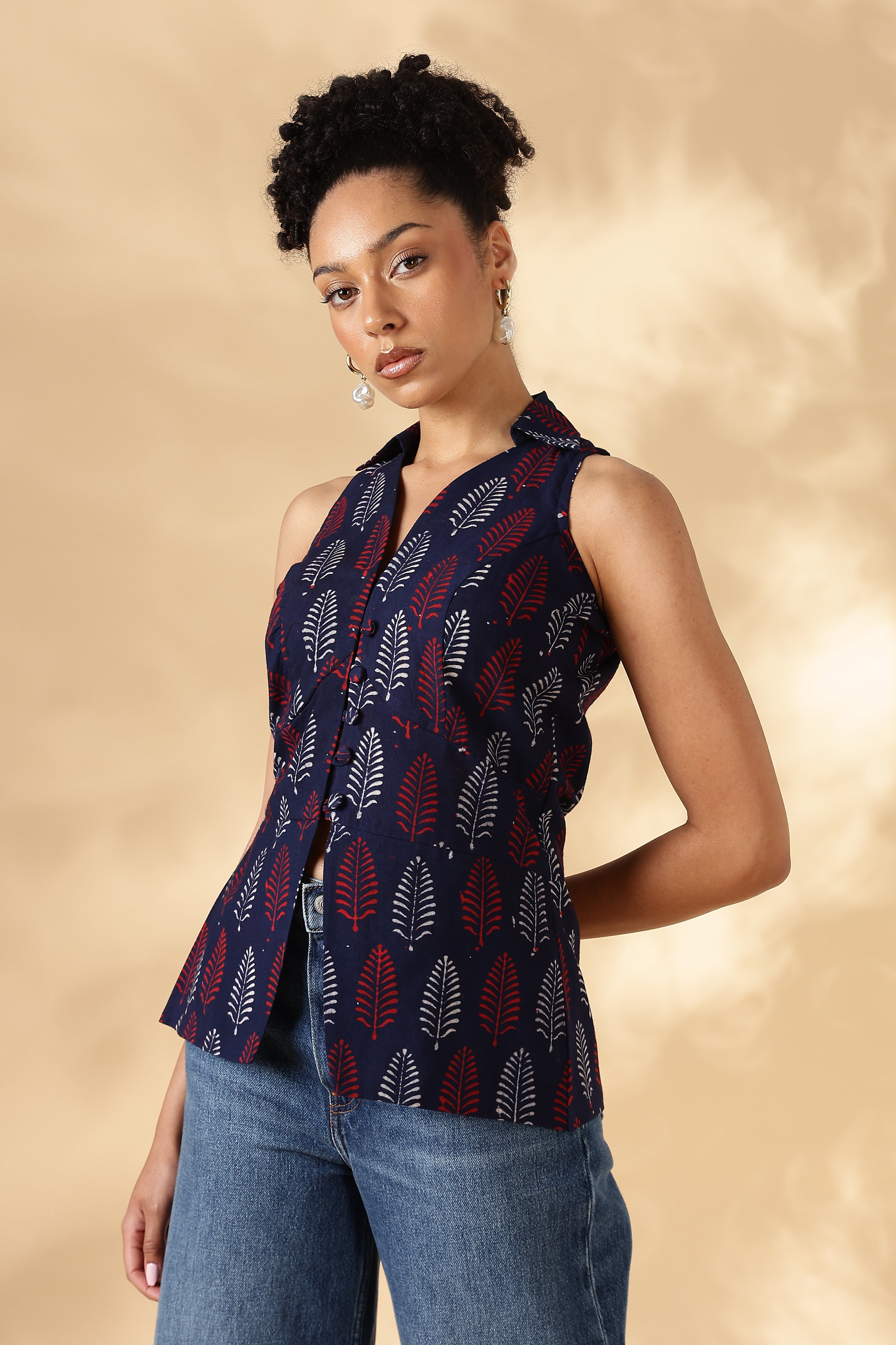 Blue and Red Block print Cotton Collared Waist Coat