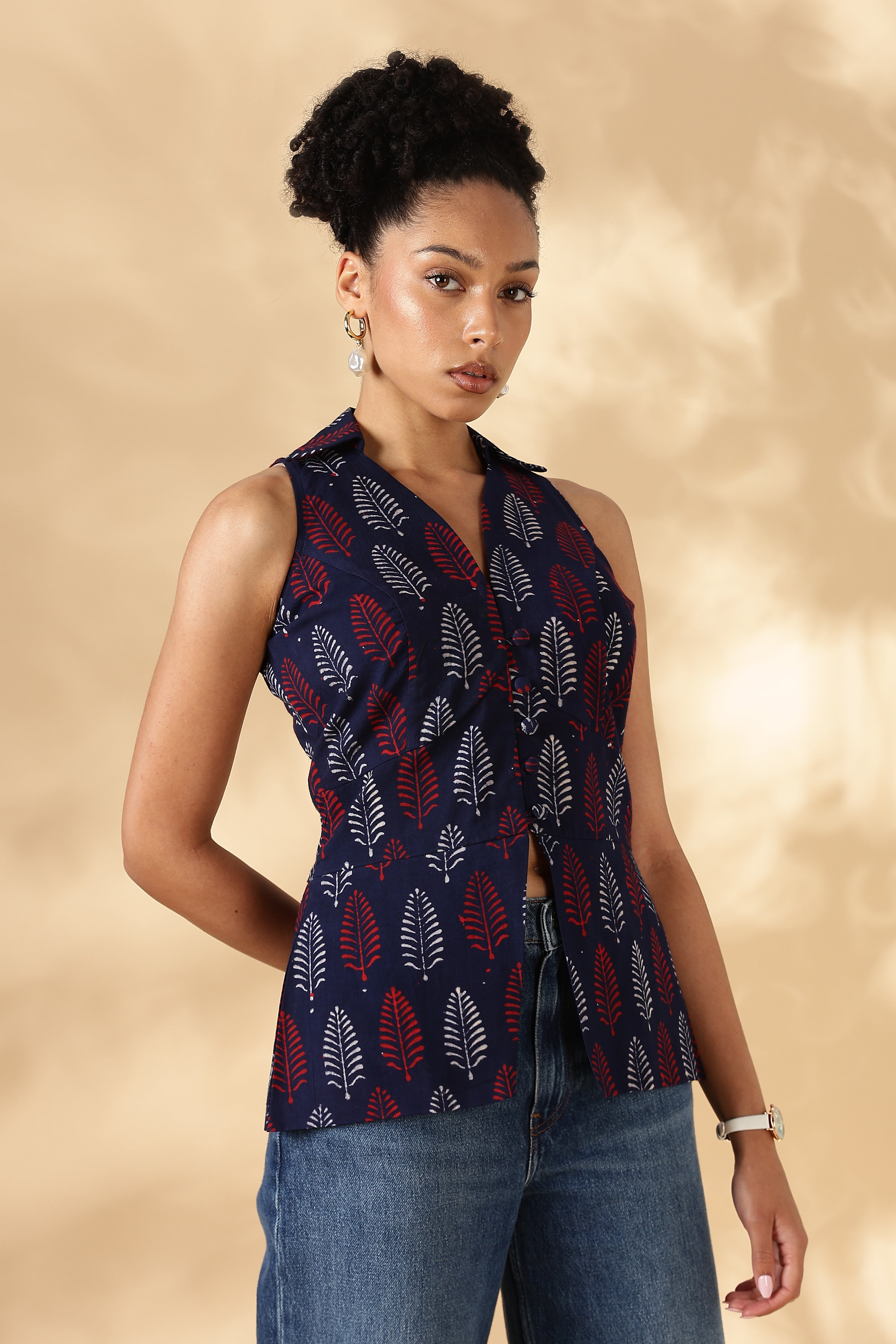 Blue and Red Block print Cotton Collared Waist Coat