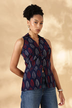 Blue and Red Block print Cotton Collared Waist Coat