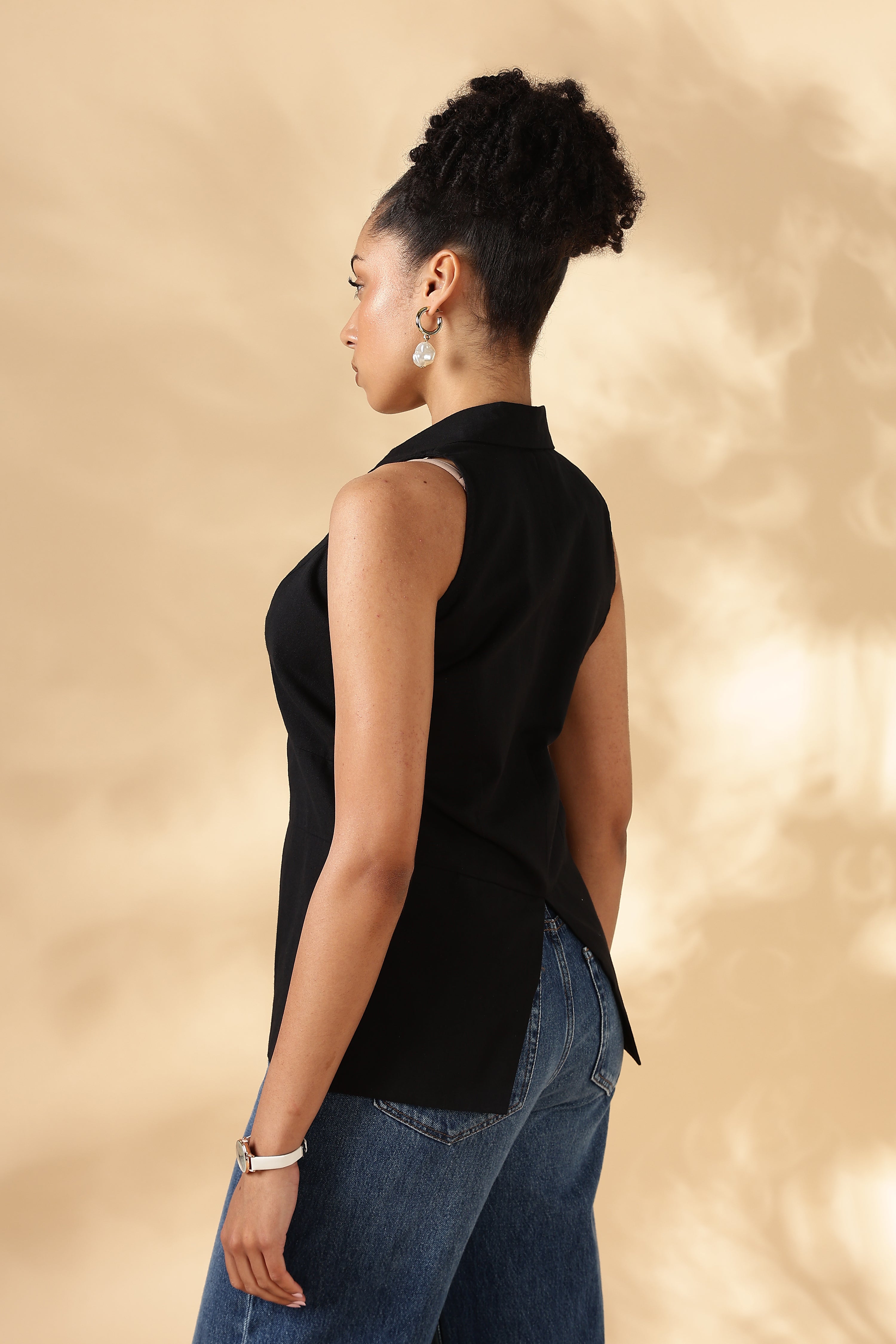 Handloom Black Cotton Collared Waist Coat