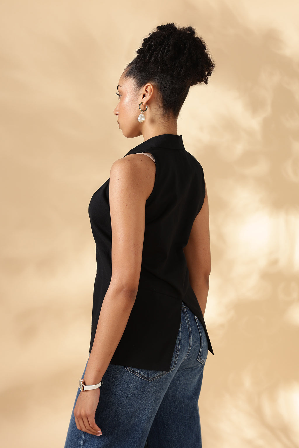Handloom Black Cotton Collared Waist Coat