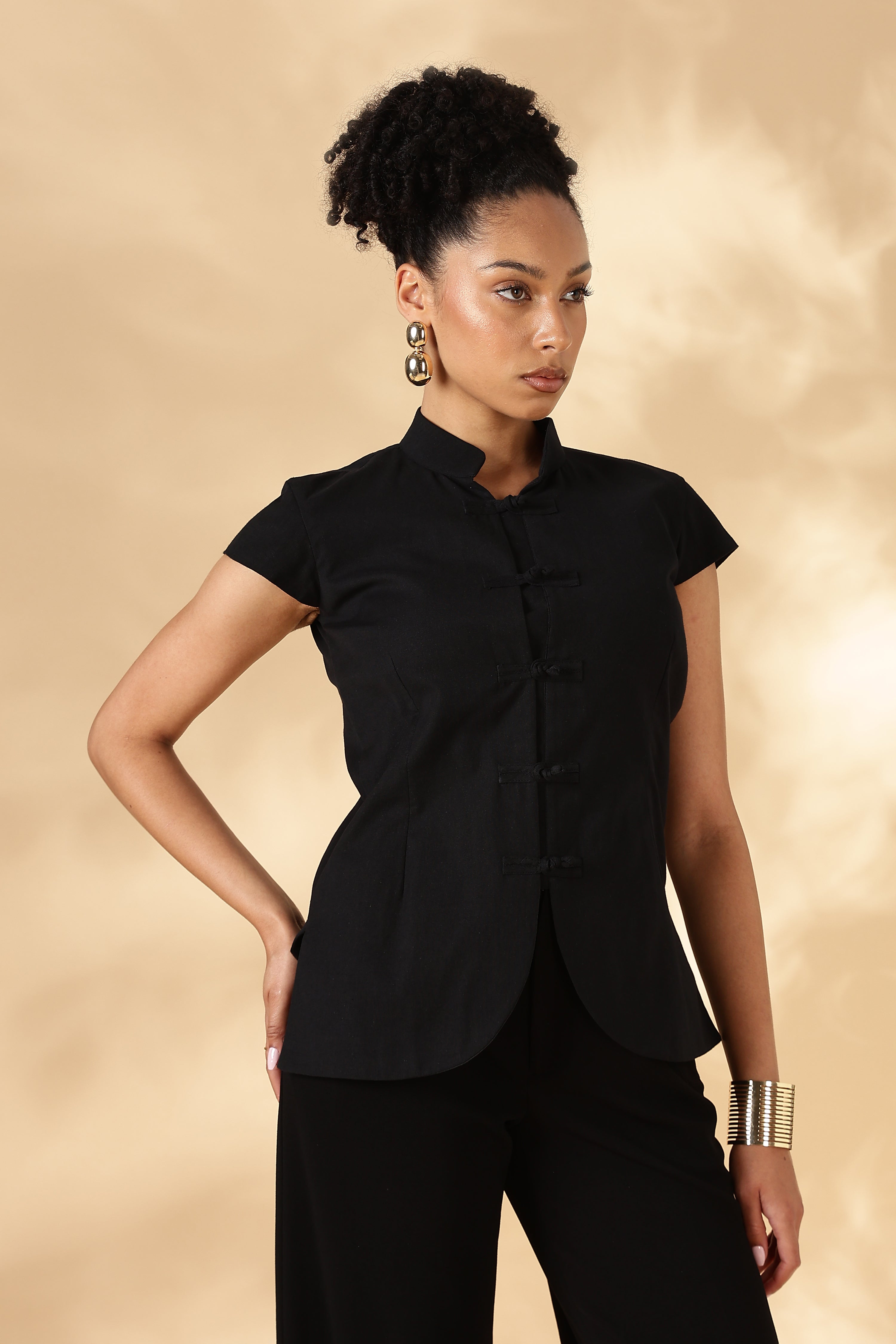Black khadi Cotton Cheongsam style top