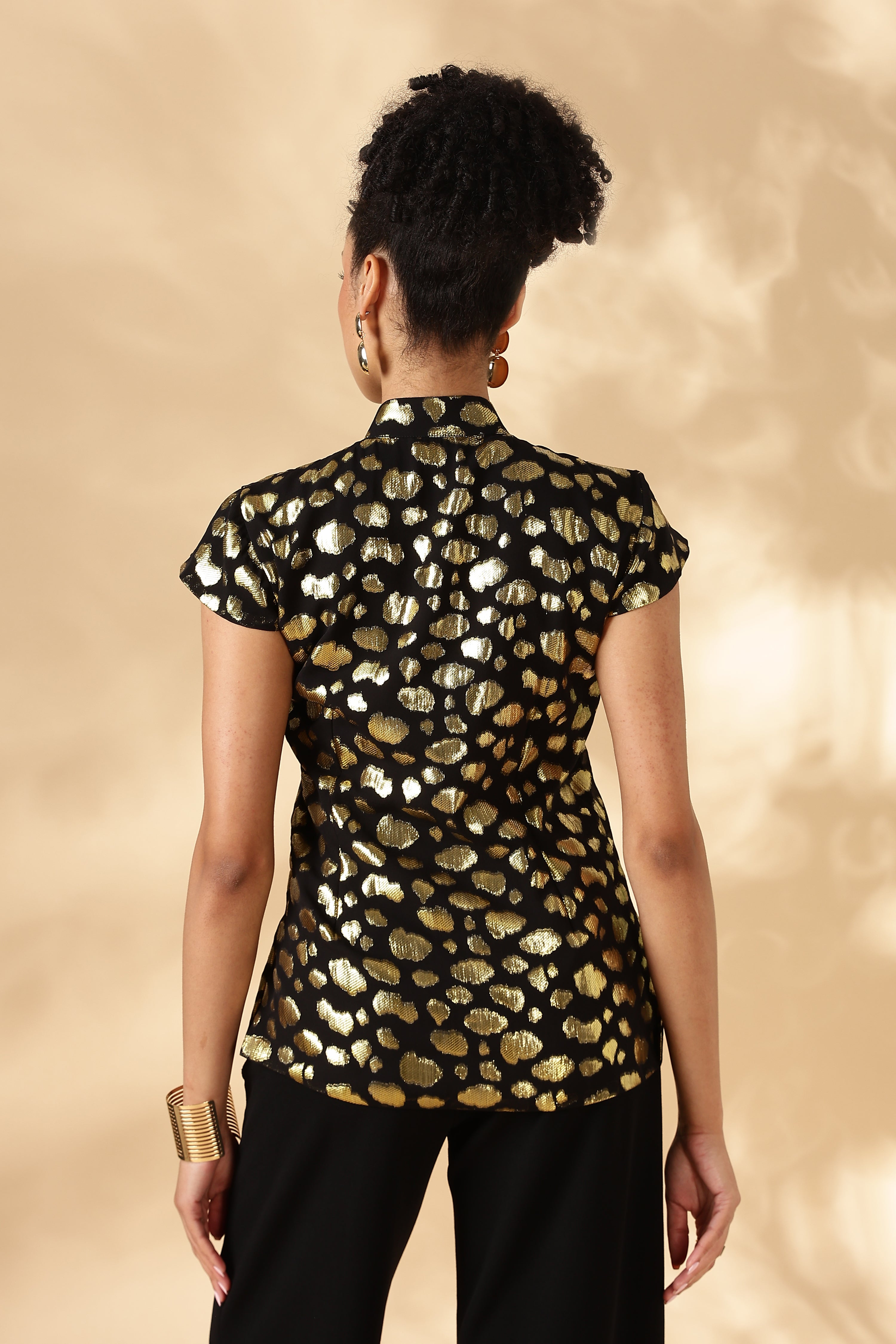 Black & Gold 100% Silk Jacquard Georgette Cheongsam style top ( Upcycled Saree Fabric )