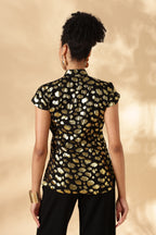 Black & Gold 100% Silk Jacquard Georgette Cheongsam style top ( Upcycled Saree Fabric )